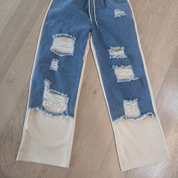 🔥Brand New Y2K Denim Patchwork Drawstring Distressed Jeans  Size S - Picture 3 of 11
